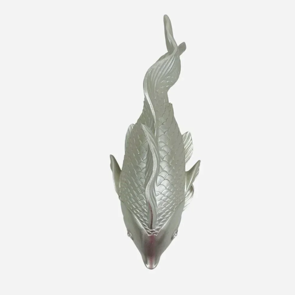 Large Silver Fantail Fish Resin Statue Jewel Rhinestone Eyes Sculpture Decor Art